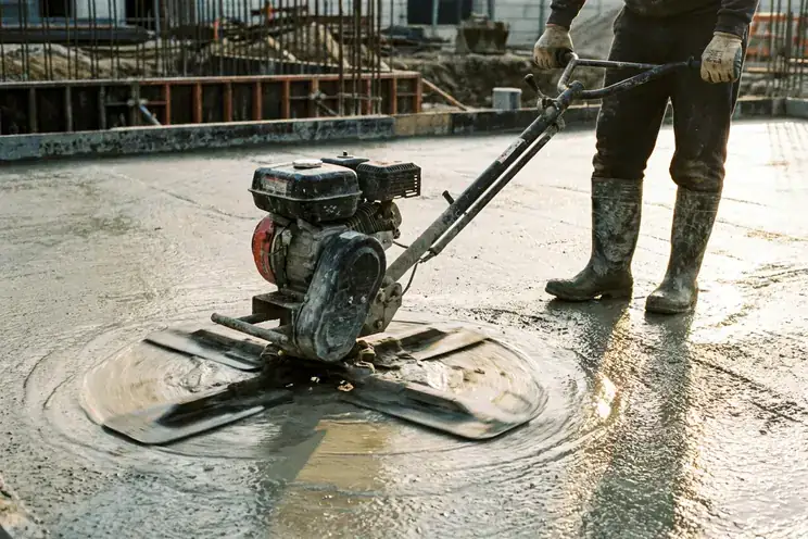 Ouvrier passant la truelle mécanique hélicoptère sur une dalle de béton fraîchement coulée